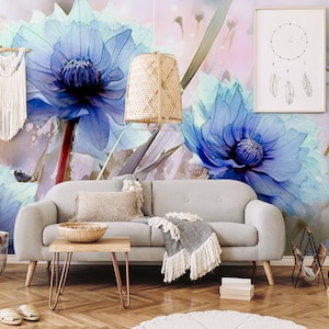 Blue flowers botanical wallpaper | Floral Wall Decor | Home Renovation | Wall Art | Peel and Stick Or Non Self-Adhesive Vinyl Wallpaper