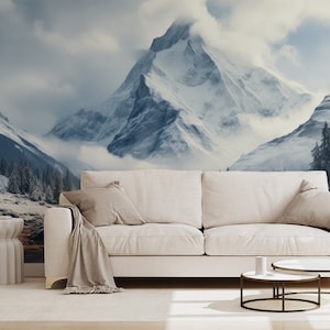 Fototapete Winterliche Berglandschaft | Malerische Wanddekoration | Hausrenovierung | Wandkunst | Vinyl-Tapete zum Abziehen und Aufkleben oder nicht selbstklebend