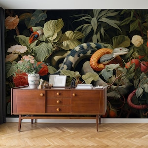 Dunkles botanisches Wandbild mit Schlangen und tropischen Pflanzen | Wanddekoration | Hausrenovierung | Wandkunst | Vinyl-Tapete zum Abziehen und Aufkleben oder nicht selbstklebend