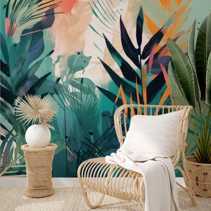 Tropische blaugrüne und orangefarbene Blätter-Boho-Tapete | Wanddekoration | Hausrenovierung | Wandkunst | Vinyl-Tapete zum Abziehen und Aufkleben oder nicht selbstklebend