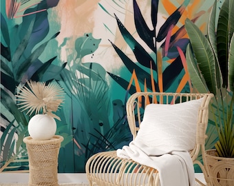Tropical teal & orange leaves boho wallpaper | Wall Decor | Home Renovation | Wall Art | Peel and Stick Or Non Self-Adhesive Vinyl Wallpaper