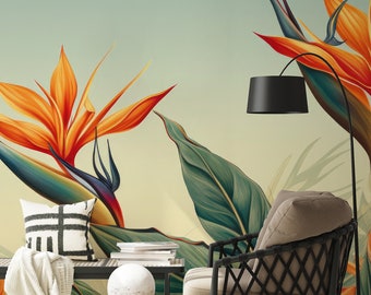 Paradijsvogel bloem botanisch behang | Wanddecoratie | Woningrenovatie | Kunst aan de muur | Schil en plak of niet-zelfklevend vinylbehang