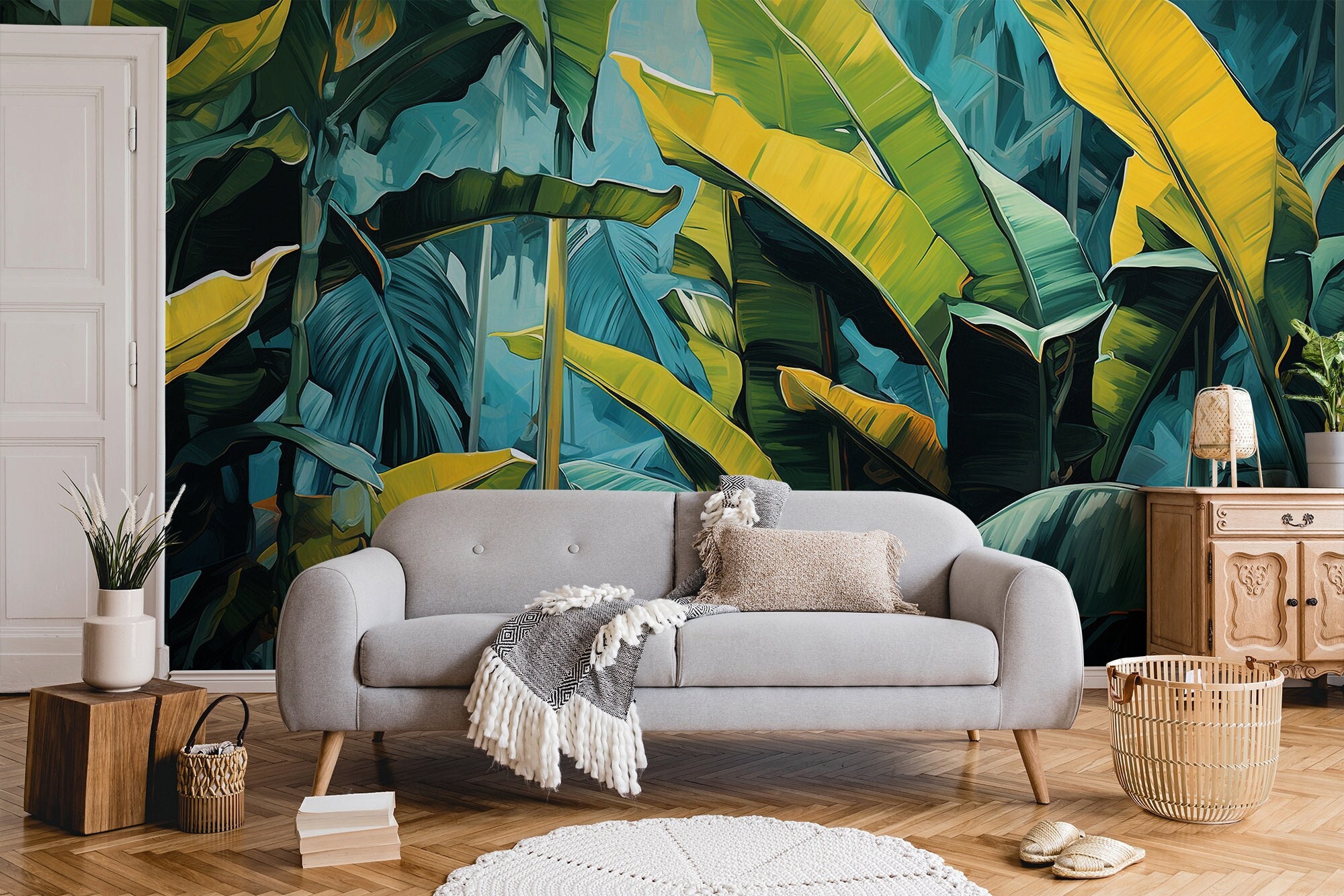 Banana leaves vivid tropical wallpaper | Wall Decor | Home Renovation | Wall Art | Peel and Stick Or Non Self-Adhesive Vinyl Wallpaper