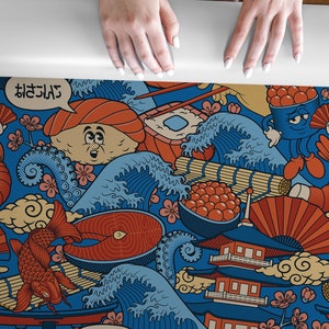 Japanisches Essen, bunte Tapete | Wanddekoration | Hausrenovierung | Wandkunst | Vinyl-Tapete zum Abziehen und Aufkleben oder nicht selbstklebend