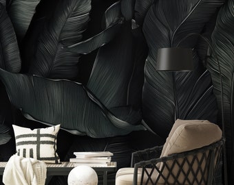 Dark wallpaper, tropical leaf wall mural | Wall Decor | Home Renovation | Wall Art | Peel and Stick Or Non Self-Adhesive Vinyl Wallpaper