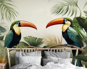 Papel pintado de tucán y palmera | Decoración de pared de pájaros tropicales | Renovación del hogar | Arte de pared | Papel tapiz de vinilo despegable y pegado o no autoadhesivo