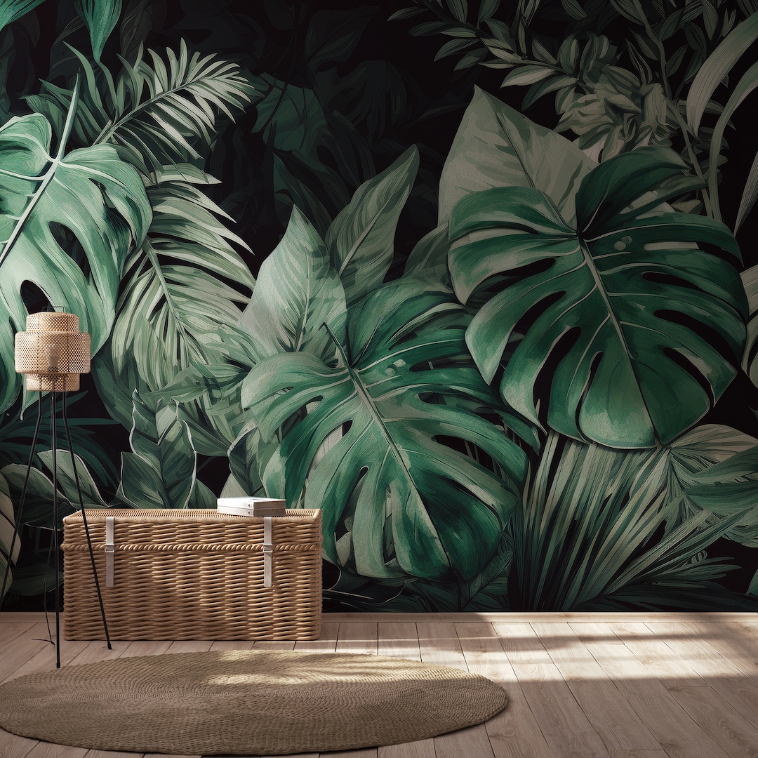 Dark Green Monstera Leaf Wallpaper | Wall Decor | Home Renovation ...