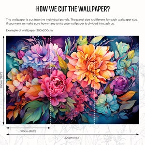 May include: A vibrant floral wallpaper design featuring large, colorful flowers in shades of pink, orange, purple, and blue. The dimensions are 300cm (118.7") wide and 200cm (78.7") high. The text "HOW WE CUT THE WALLPAPER?" is at the top.