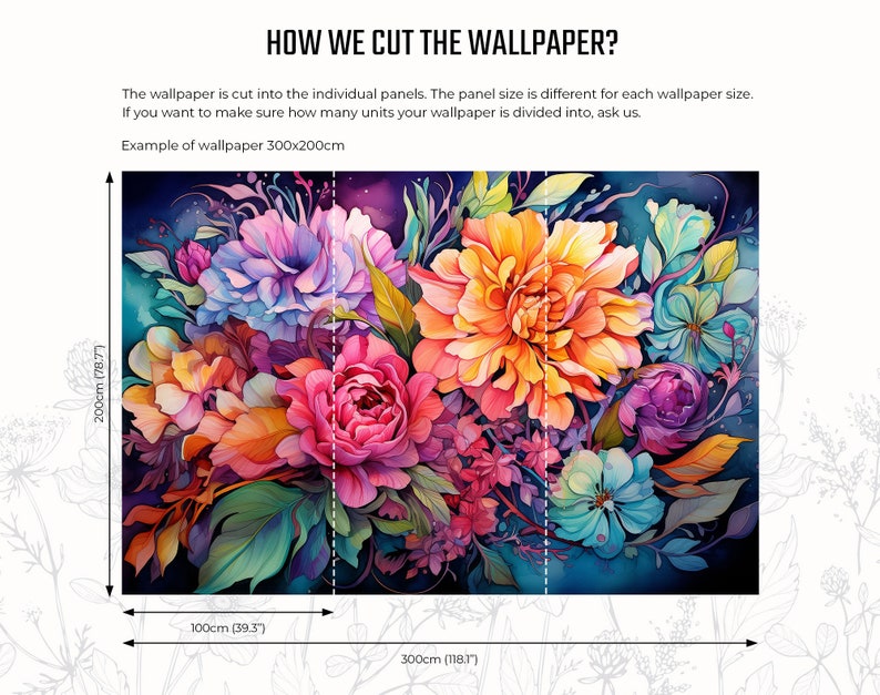May include: A vibrant floral wallpaper design featuring large, colorful flowers in shades of pink, orange, purple, and blue. The dimensions are 300cm (118.7") wide and 200cm (78.7") high. The text "HOW WE CUT THE WALLPAPER?" is at the top.
