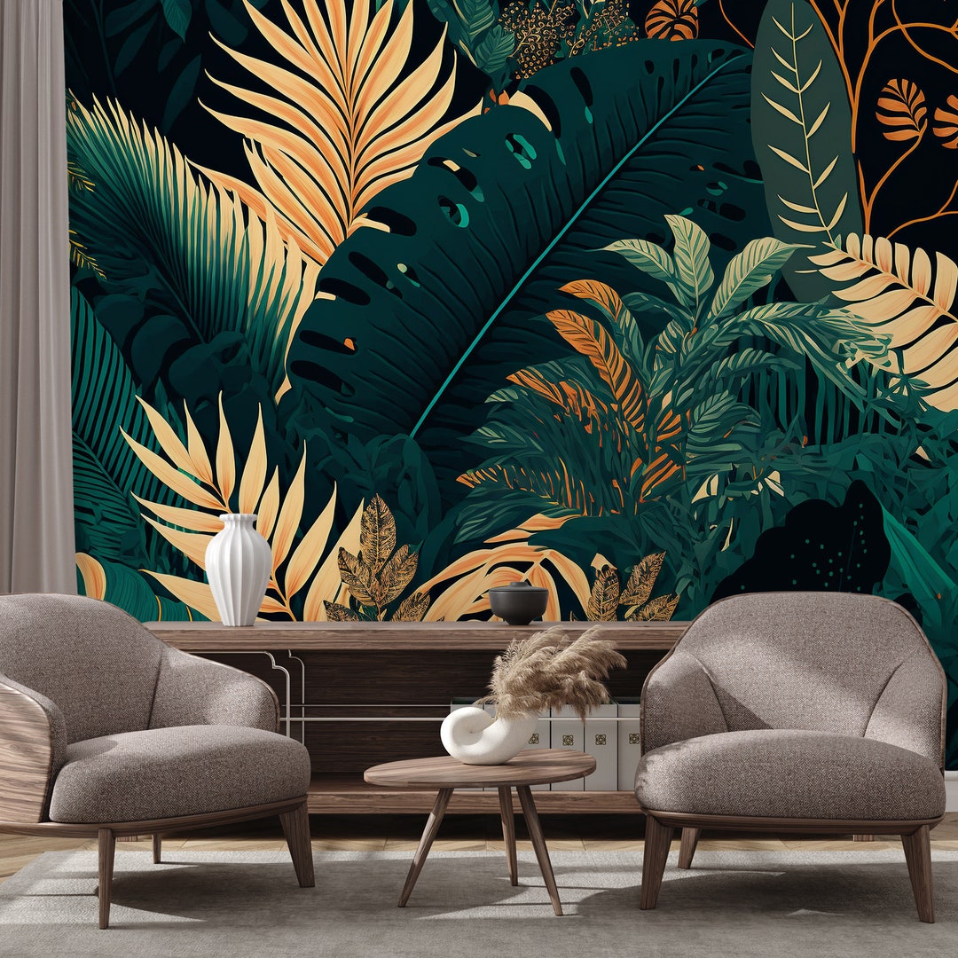 Dark Green & Yellow Tropical Leaves Mural | Wall Decor | Home ...