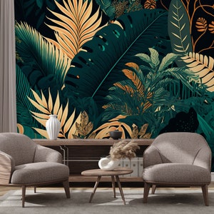 Carta da parati con foglie tropicali verde scuro e gialle | Decorazione da parete | Ristrutturazione casa | Arte della parete | Carta da parati in vinile staccabile e incollabile o non autoadesiva