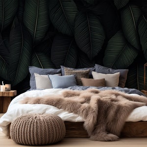 Dark leaves wallpaper with hint of green | Wall Decor | Home Renovation | Wall Art | Peel and Stick Or Non Self-Adhesive Vinyl Wallpaper