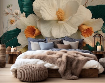 Papier peint fleuri | Décoration murale botanique | Rénovation intérieure | Art mural | Papier peint vinyle autocollant ou non autocollant