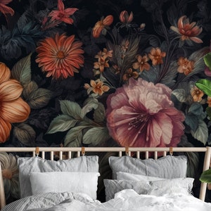 Dark floral wall mural, black background | Wall Decor | Home Renovation | Wall Art | Peel and Stick Or Non Self-Adhesive Vinyl Wallpaper