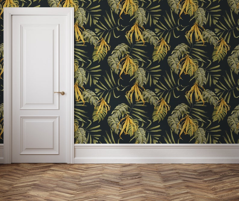 Floral Leaf Wallpaper, Dark Background | Wall Decor | Home Renovation ...