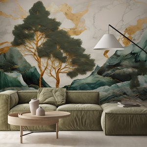 Berg- und Baumtapete | Landschaft Moderne Wanddekoration | Hausrenovierung | Wandkunst | Vinyl-Tapete zum Abziehen und Aufkleben oder nicht selbstklebend