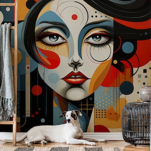 Wandbild mit weiblichem Gesicht, abstrakte Tapete | Wanddekoration | Hausrenovierung | Wandkunst | Vinyl-Tapete zum Abziehen und Aufkleben oder nicht selbstklebend
