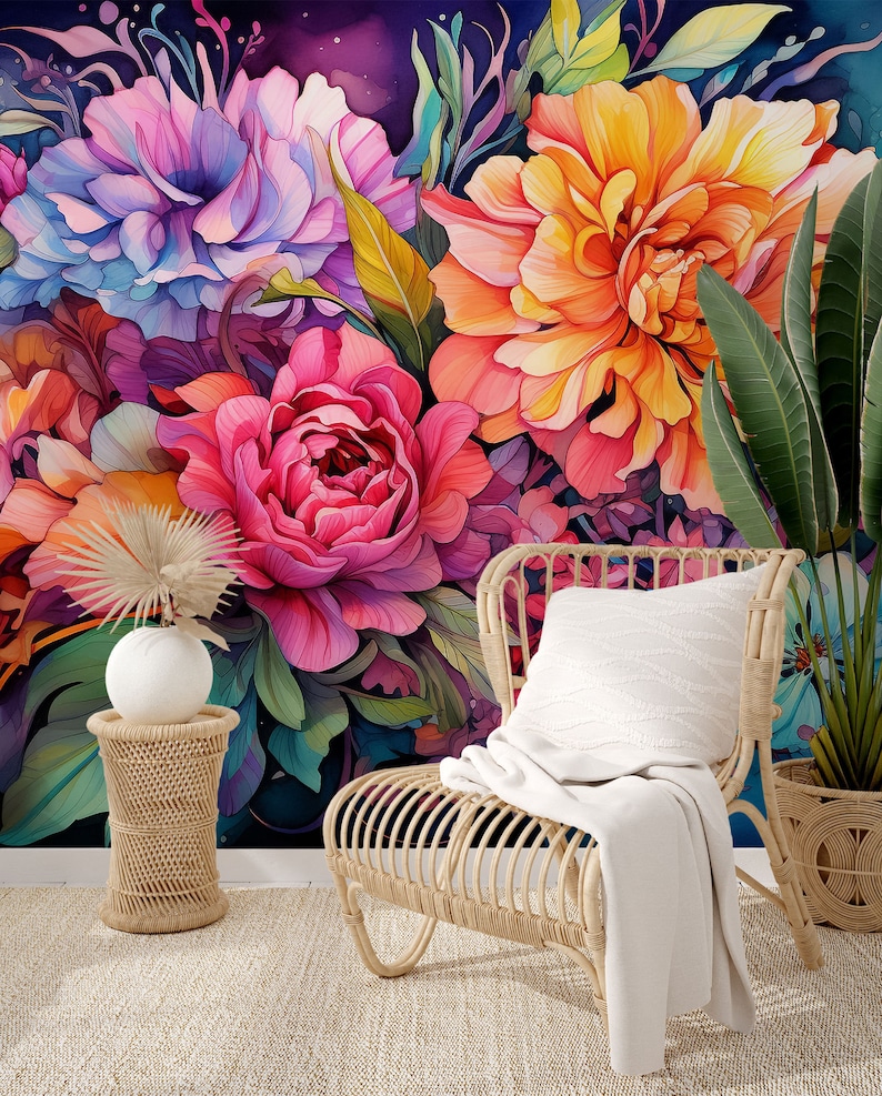 May include: A vibrant floral wallpaper featuring large, watercolor-style peonies in shades of pink, orange, and purple. A woven rattan chair with a white pillow and blanket sits in front of the floral backdrop, alongside a small side table and potted plants.