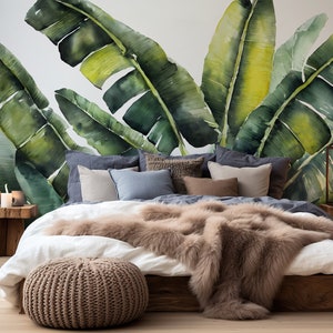 Fototapete Aquarell grüne Bananenblätter | Wanddekoration | Hausrenovierung | Wandkunst | Vinyl-Tapete zum Abziehen und Aufkleben oder nicht selbstklebend