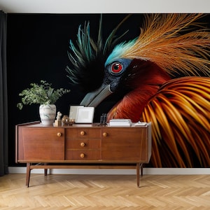 Exotische Vogeltapete, dunkles Wandbild | Wanddekoration | Hausrenovierung | Wandkunst | Vinyl-Tapete zum Abziehen und Aufkleben oder nicht selbstklebend