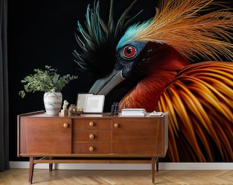 Exotisch vogelbehang, donkere muurschildering | Wanddecoratie | Woningrenovatie | Kunst aan de muur | Schil en plak of niet-zelfklevend vinylbehang