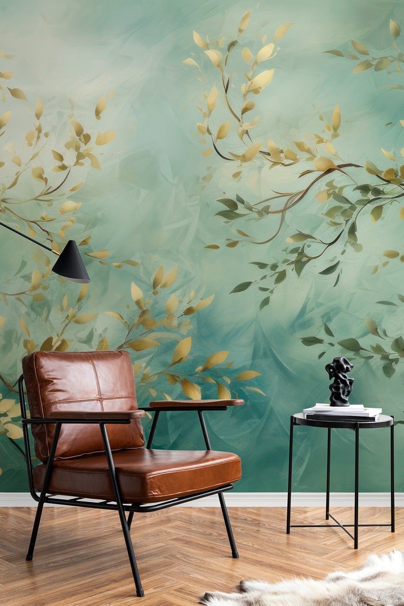 Grüne abstrakte Fototapete mit belaubten Zweigen Wanddekoration Hausrenovierung Wandkunst Vinyl-Tapete zum Abziehen und Aufkleben oder nicht selbstklebend Bild 1