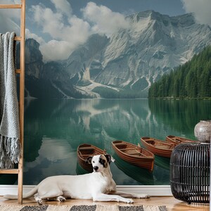 Mountain landscape wallpaper with lake | Wall Decor | Home Renovation | Wall Art | Peel and Stick Or Non Self-Adhesive Vinyl Wallpaper