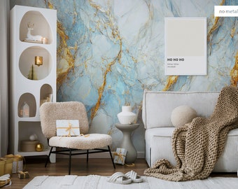Hellblaue Marmortapete mit gelben Adern| Wanddekoration | Hausrenovierung | Wandkunst | Vinyl-Tapete zum Abziehen und Aufkleben oder nicht selbstklebend