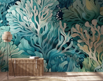 Meerespflanzentapete | Wanddekoration | Hausrenovierung | Wandkunst | Vinyl-Tapete zum Abziehen und Aufkleben oder nicht selbstklebend