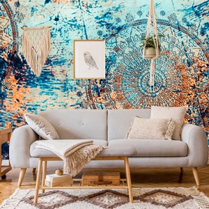 Abstraktes Wandgemälde im kreisförmigen Grunge-Stil in Blau und Orange | Wanddekoration | Hausrenovierung | Wandkunst | Vinyl-Tapete zum Abziehen und Aufkleben oder nicht selbstklebend