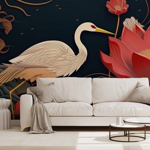 Fototapete im japanischen Stil, Vogel und Blumen | Wanddekoration | Hausrenovierung | Wandkunst | Vinyl-Tapete zum Abziehen und Aufkleben oder nicht selbstklebend