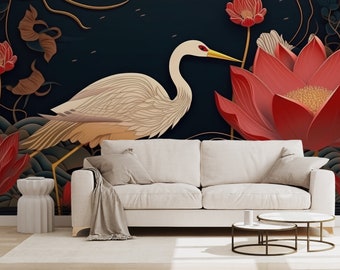 Wandbild im japanischen Stil, Vögel und Blumen | Wanddekoration | Wohnungsrenovierung | Wandkunst | Selbstklebende oder nicht selbstklebende Vinyltapete