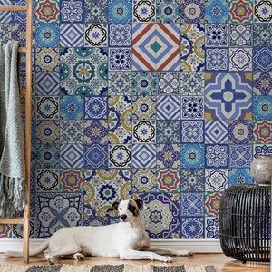 Bunte marokkanische Tapete, portugiesische Fliesen | Wanddekoration | Hausrenovierung | Wandkunst | Vinyl-Tapete zum Abziehen und Aufkleben oder nicht selbstklebend