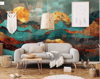 Könnte beinhalten: Ein Wohnzimmer-Interieur mit einem teal-, orange- und braunen abstrakten Landschaftswandbild an der Wand. Ein graues Sofa mit einer Wolldecke steht vor dem Wandbild. Ein Holz-Couchtisch mit einer geflochtenen Schale steht vor dem Sofa. Ein geflochtener Korb steht auf dem Boden neben dem Sofa. Ein Holz-Beistelltisch mit einem geflochtenen Korb steht in der Ecke des Raumes.