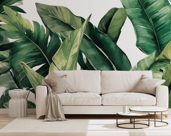 Papel pintado de hoja de plátano, verde oscuro tropical | Decoración de pared | Renovación del hogar | Arte de pared | Papel tapiz de vinilo despegable y pegado o no autoadhesivo