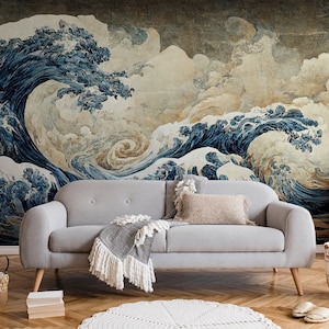 Wellenwandbild im japanischen Stil | Wanddekoration | Hausrenovierung | Wandkunst | Vinyl-Tapete zum Abziehen und Aufkleben oder nicht selbstklebend