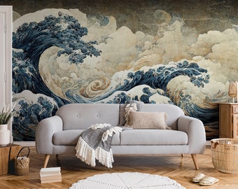 Wellen-Wandbild im japanischen Stil | Wanddekoration | Hausrenovierung | Wandkunst | Abziehen und Aufkleben oder nicht selbstklebende Vinyltapete