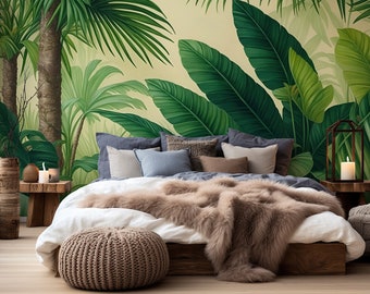 Groen tropisch jungle exotisch behang | Wanddecoratie | Woningrenovatie | Kunst aan de muur | Schil en plak of niet-zelfklevend vinylbehang