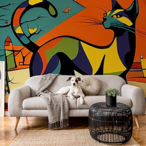 Bunte abstrakte moderne Tapete der Katze | Wanddekoration | Hausrenovierung | Wandkunst | Vinyl-Tapete zum Abziehen und Aufkleben oder nicht selbstklebend