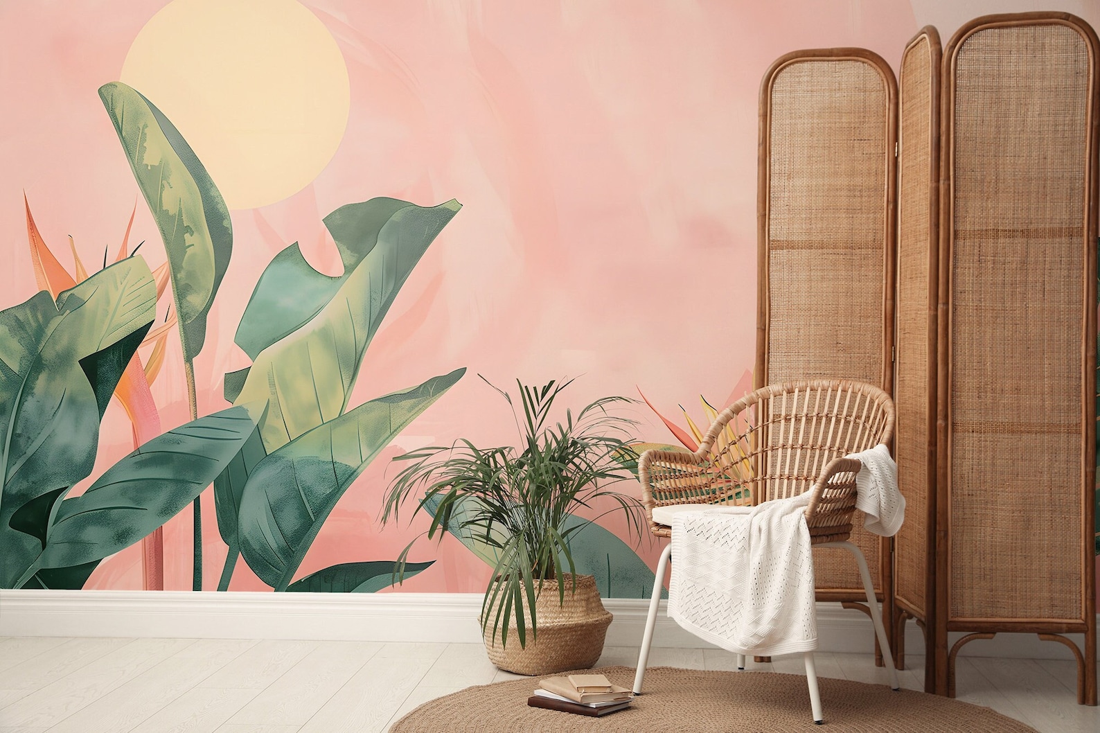 Tropical Green Leaves Wall Mural | Pink Wall Decor | Home Renovation ...