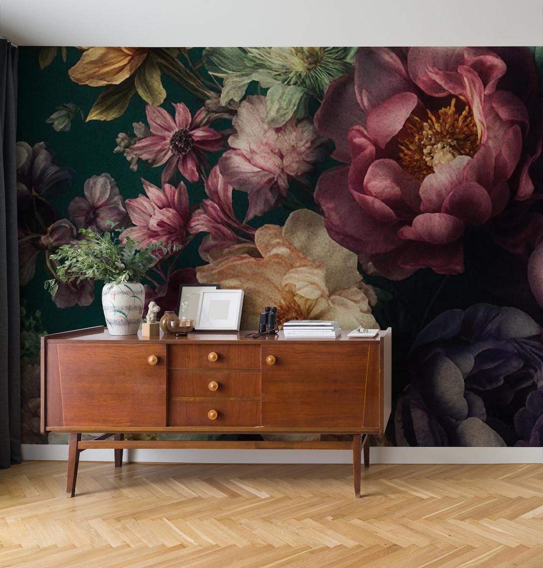 Dark Floral Wallpaper | Botanical Wall Mural | Home Decor | Wall Art ...
