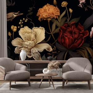 Abstrakte Blumentapete, Pflanze und Blume | Wanddekoration | Hausrenovierung | Wandkunst | Vinyl-Tapete zum Abziehen und Aufkleben oder nicht selbstklebend