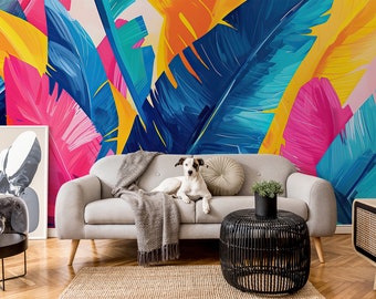 Kleurrijke bananenbladeren abstracte boho muurschildering | Wanddecoratie | Woningrenovatie | Kunst aan de muur | Schil en plak of niet-zelfklevend vinylbehang