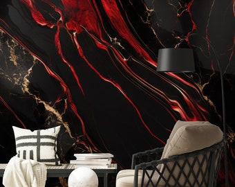 Black & red dark marble wall mural | Wall Decor | Home Renovation | Wall Art | Peel and Stick Or Non Self-Adhesive Vinyl Wallpaper