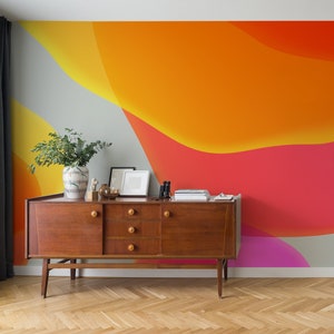 Abstrakte geometrische Tapete | rote und orange Wanddekoration | Hausrenovierung | Wandkunst | Vinyl-Tapete zum Abziehen und Aufkleben oder nicht selbstklebend