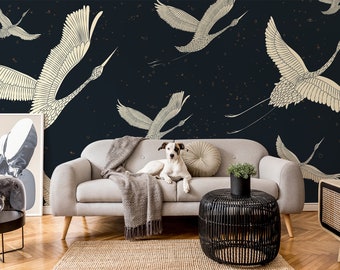 Vliegende kraanvogels behang | Vogel wanddecoratie | Woningrenovatie | Kunst aan de muur | Schil en plak of niet-zelfklevend vinylbehang