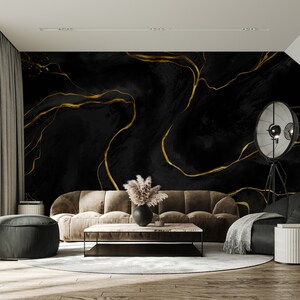 Schwarzes abstraktes Marmor-Wandbild | Wanddekoration | Hausrenovierung | Wandkunst | Vinyl-Tapete zum Abziehen und Aufkleben oder nicht selbstklebend