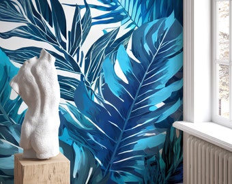 Blauw tropisch bladbehang | Wanddecoratie | Woningrenovatie | Kunst aan de muur | Schil en plak of niet-zelfklevend vinylbehang