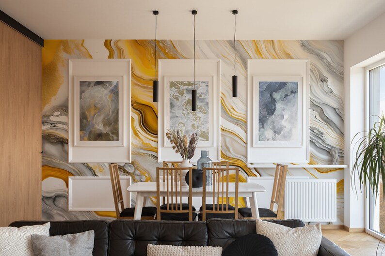 Papel pintado abstracto de mármol amarillo vibrante Decoración de pared Renovación del hogar Arte de pared Papel tapiz de vinilo despegable y pegado o no autoadhesivo imagen 5