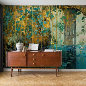 Abstrakte Tapete mit See und hängenden Blättern | Wanddekoration | Hausrenovierung | Wandkunst | Vinyl-Tapete zum Abziehen und Aufkleben oder nicht selbstklebend
